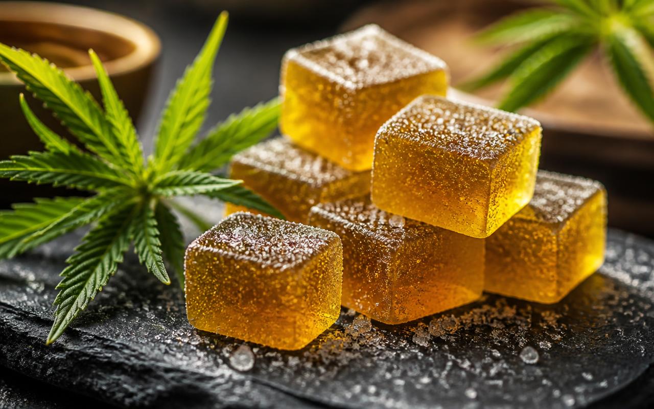 Close-up of golden broad-spectrum hemp extract gummy cubes beside fresh hemp leaves