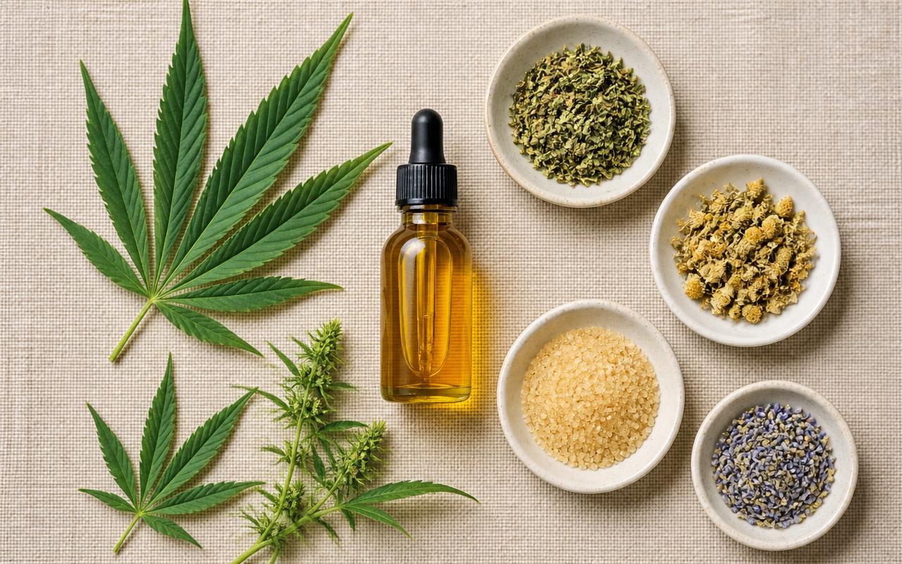 Flat lay of hemp leaves, golden hemp extract oil, botanicals and cane sugar used in CBD gummy formulations